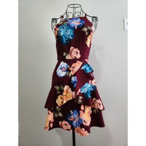 Junior BCX A-Line Burgundy Floral Flounce-Hem Dress Size - 1